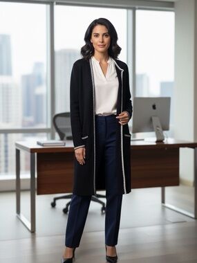 Magaschoni  Black Cardigan Luxurious Jacket White Whipstitch Trim